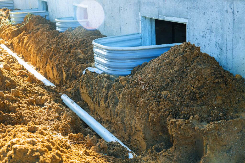 Installation d'un drain français près d'une maison pour la réparation de fondation.